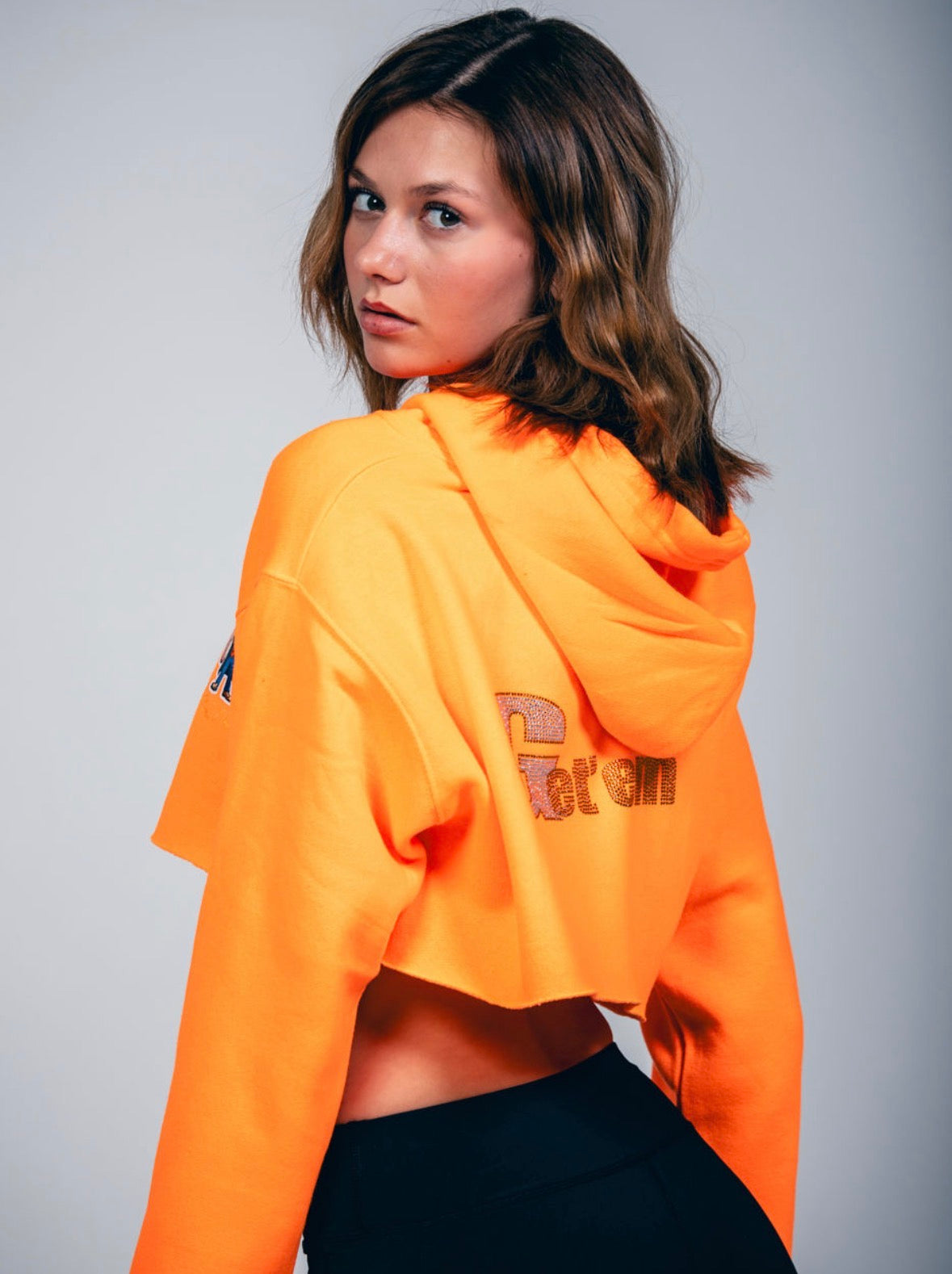 Get'em with Luxe Rhinestone Neon Orange Crop Top Hoodie